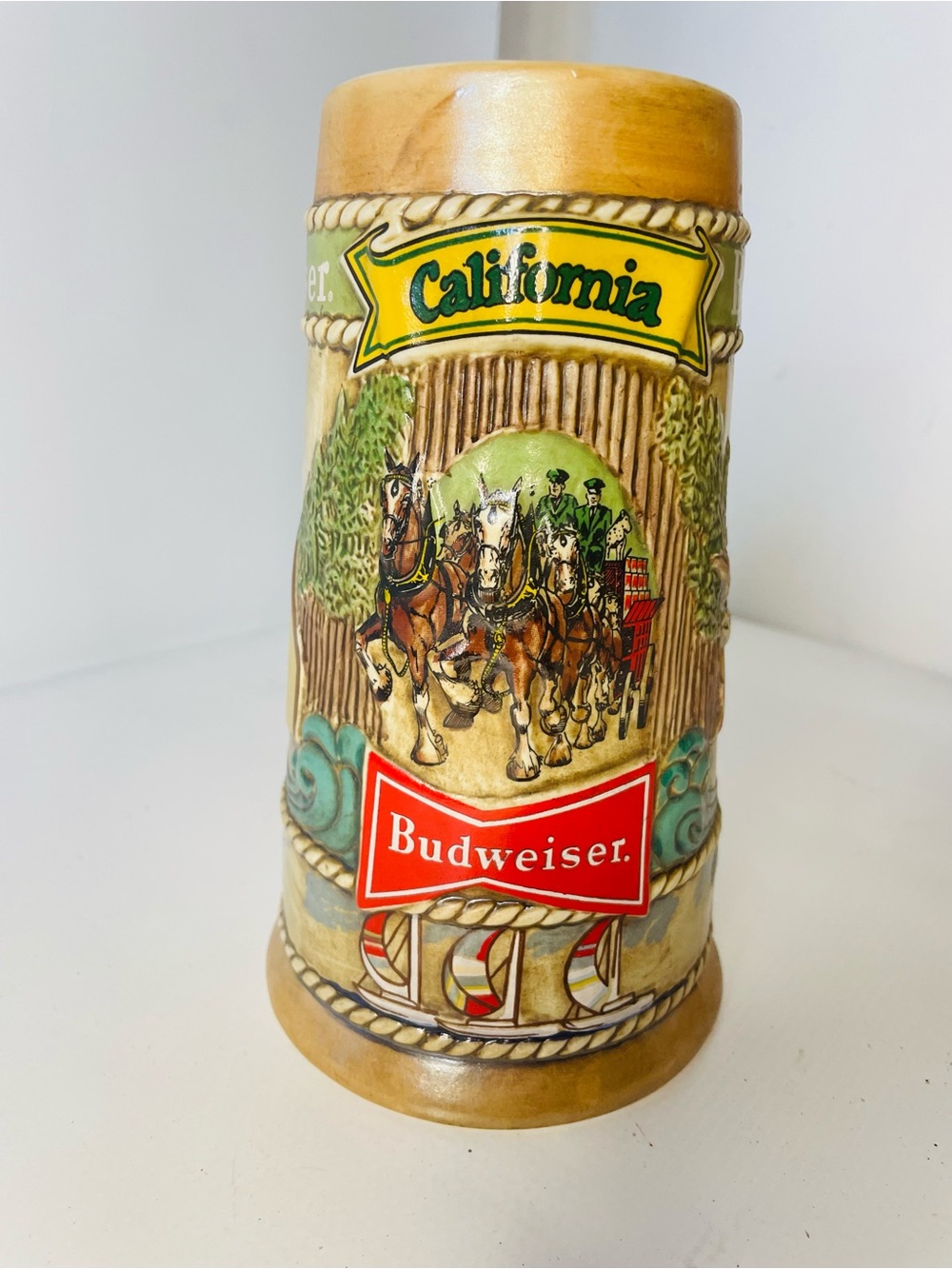 Vintage 1981 Budweiser Ceramic Stein with Red Logo and Tan Body